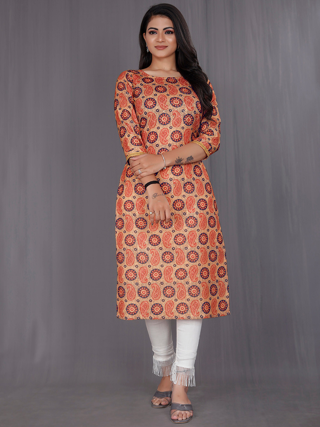 

Indian Fashionista Ethnic Motifs Printed Cotton Linen Kurta, Orange