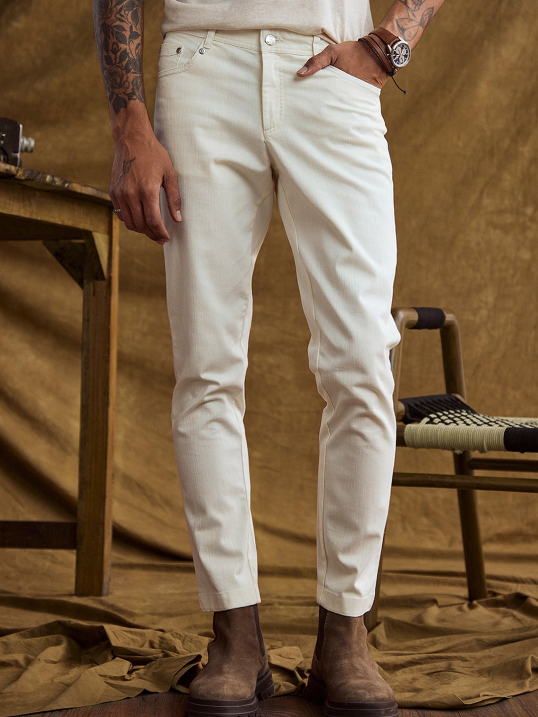 

Andamen Men Comfort Stretchable Cotton Jeans, Off white