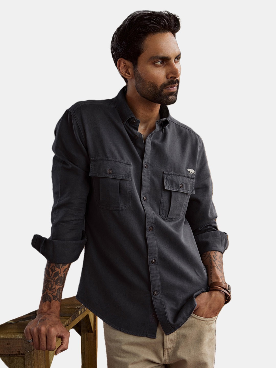 

Andamen Twill Slim Fit Button Collar Shirt, Grey