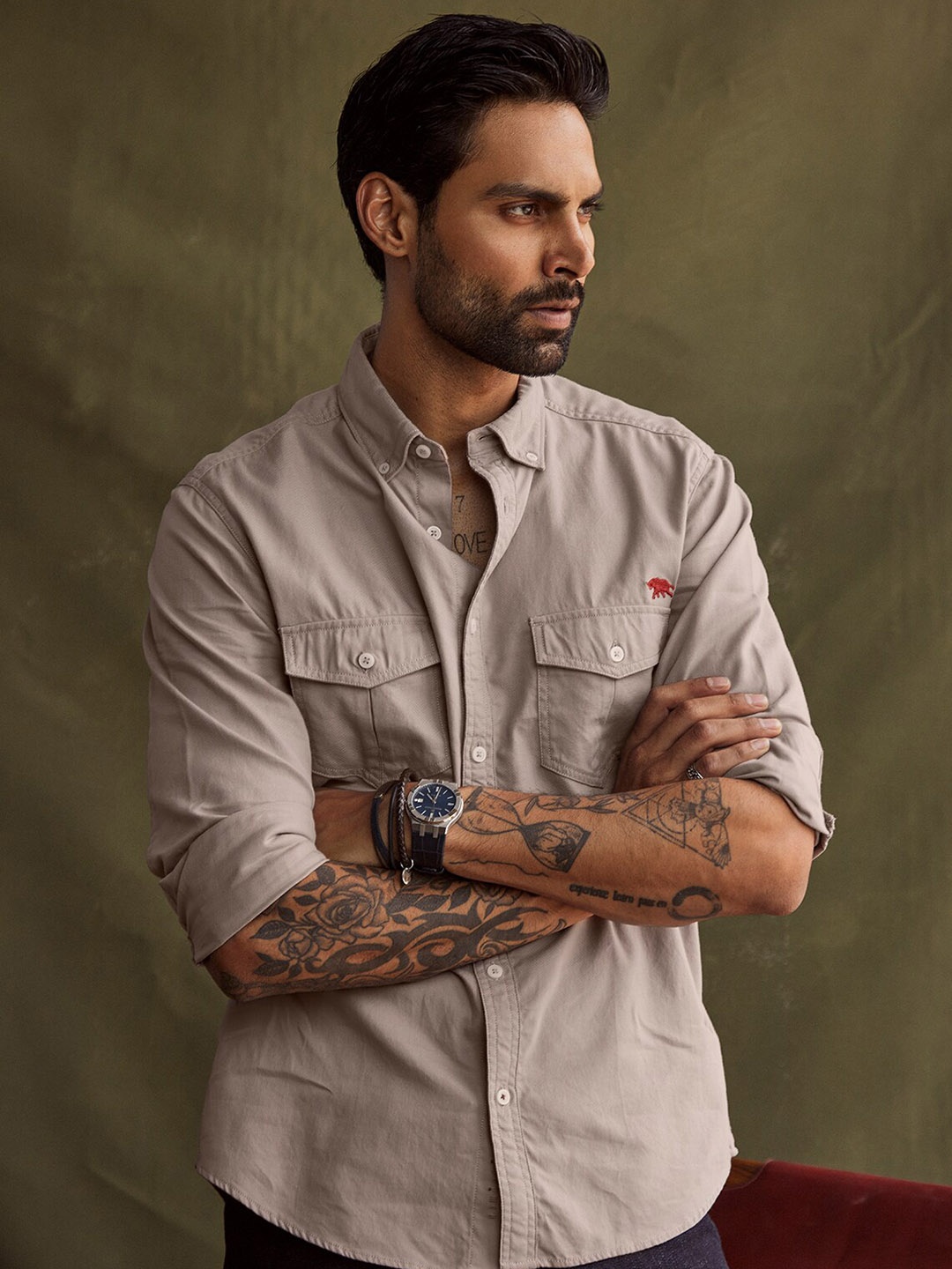 

Andamen Slim Fit Button Collar Shirt, Beige