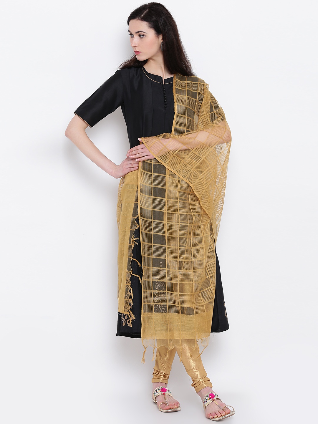

AURELIA Golden Checked Dupatta, Gold