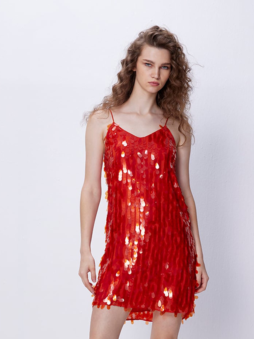 

COVER STORY Orange Embellished V-Neck Shoulder Straps Sequinned Sheath Dress