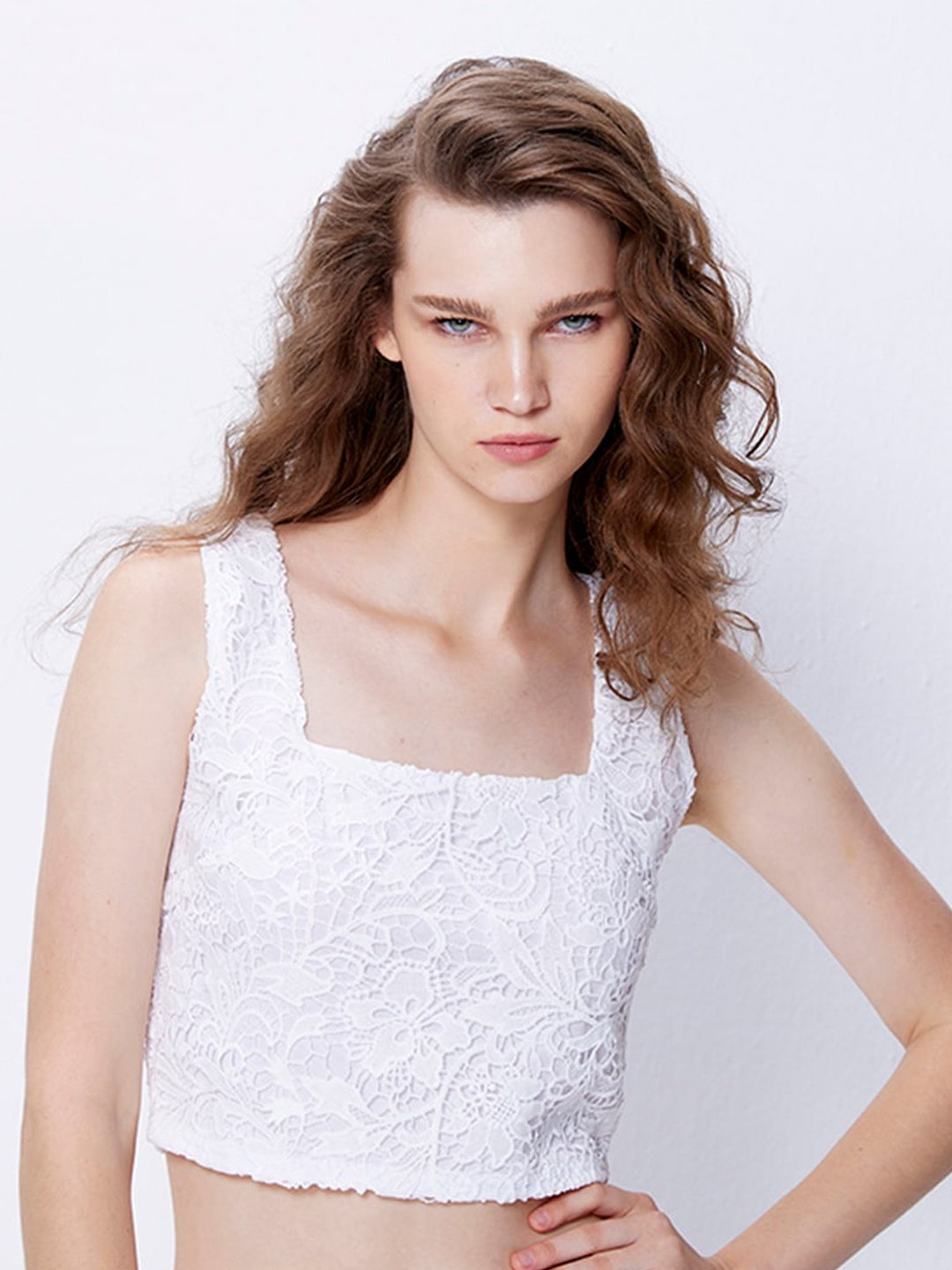 

COVER STORY White Self Design Square Neck Crop Top