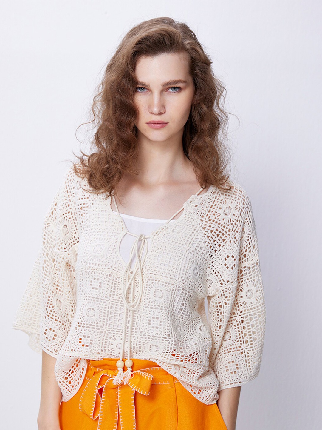 

COVER STORY Off White Tie-Up Neck Crochet Cotton Top