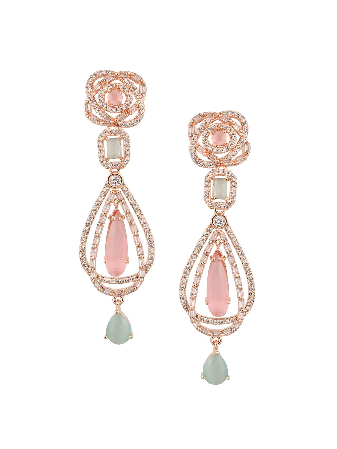

RATNAVALI JEWELS Rose Gold-Plated American Diamond Studded Teardrop Shaped Drop Earrings