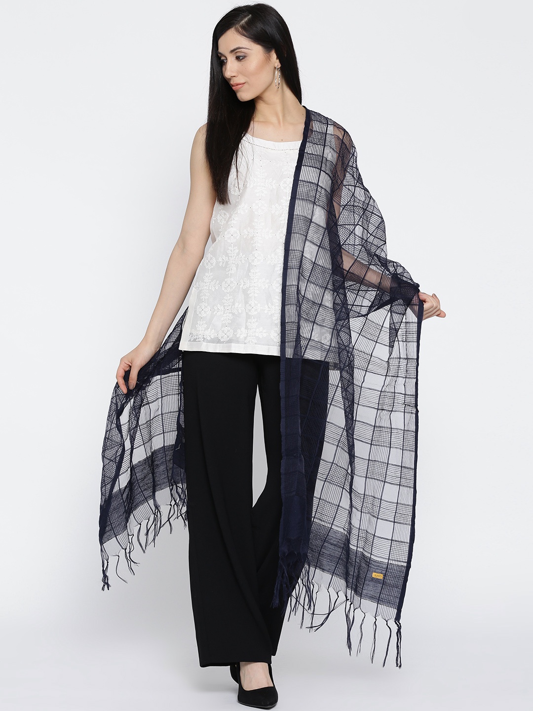 

AURELIA Navy Blue Checked Dupatta