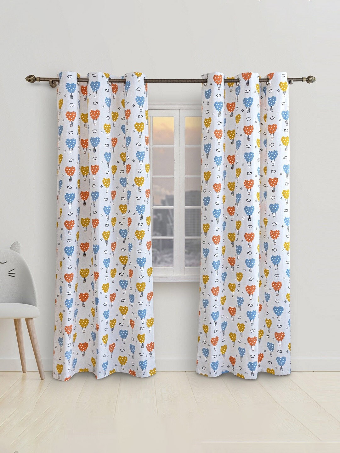 

HOMEMONDE White & Blue 2 Pieces Quirky Room Darkening Cotton Window Curtain