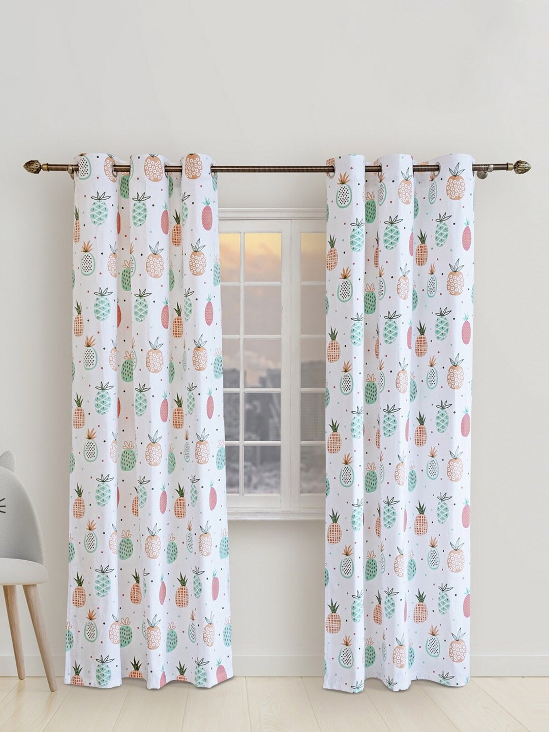 

HOMEMONDE White & Green 2 Pieces Quirky Room Darkening Cotton Window Curtains