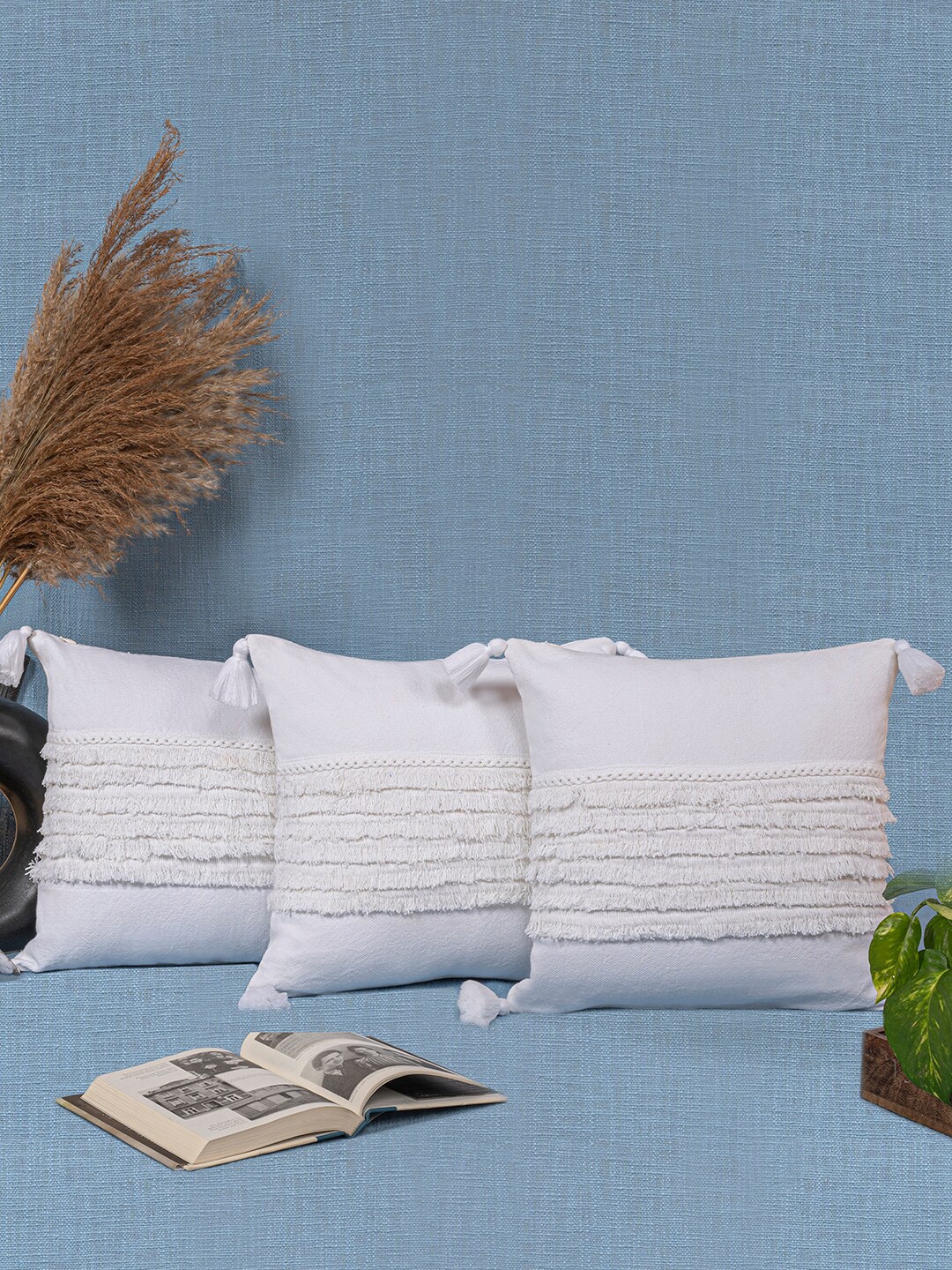 

ANWYN 3 Pcs White Fringed Pure Cotton Square Cushion Covers