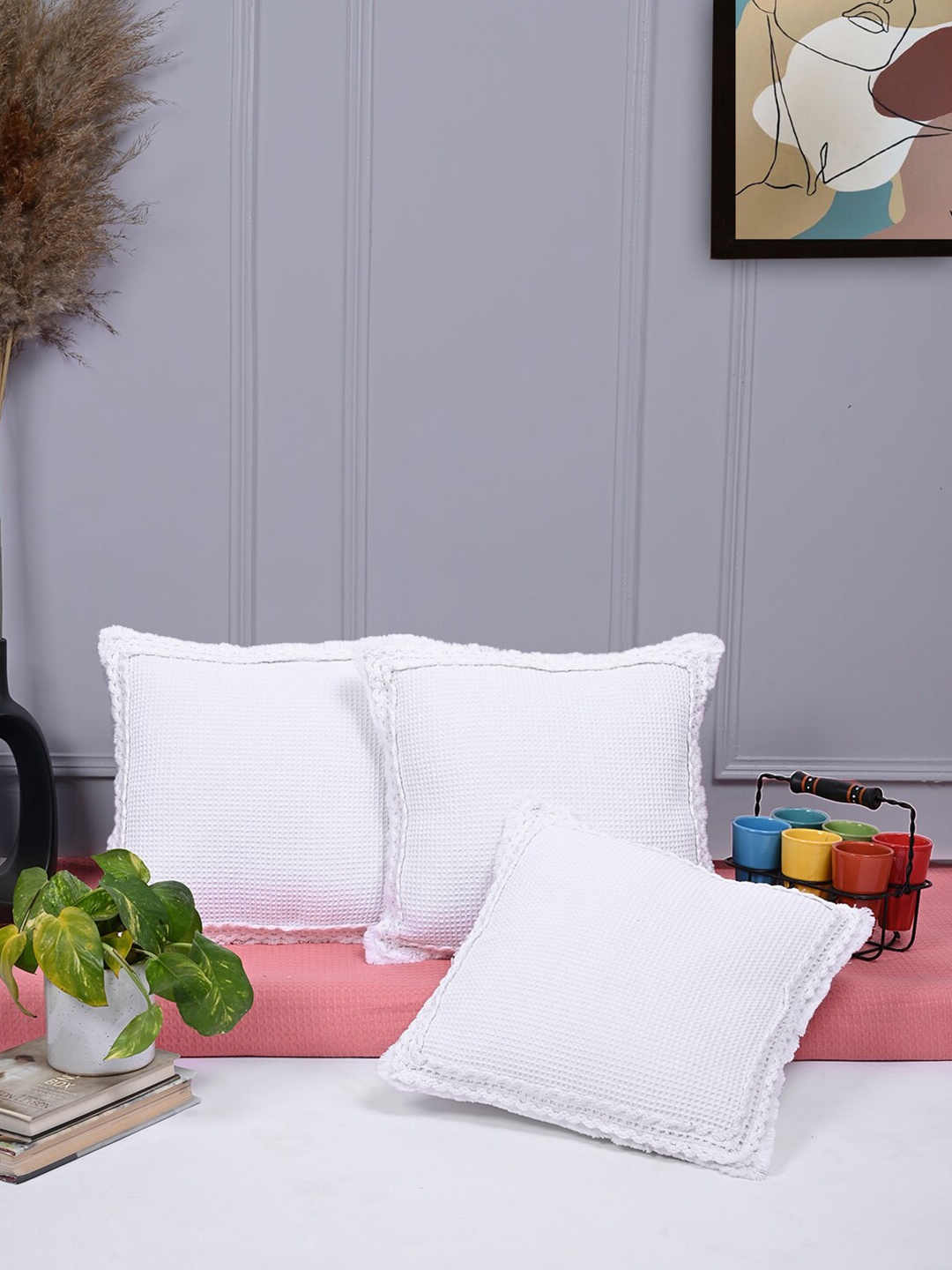 

ANWYN White 3-Pieces Pure Cotton Square Cushion Covers
