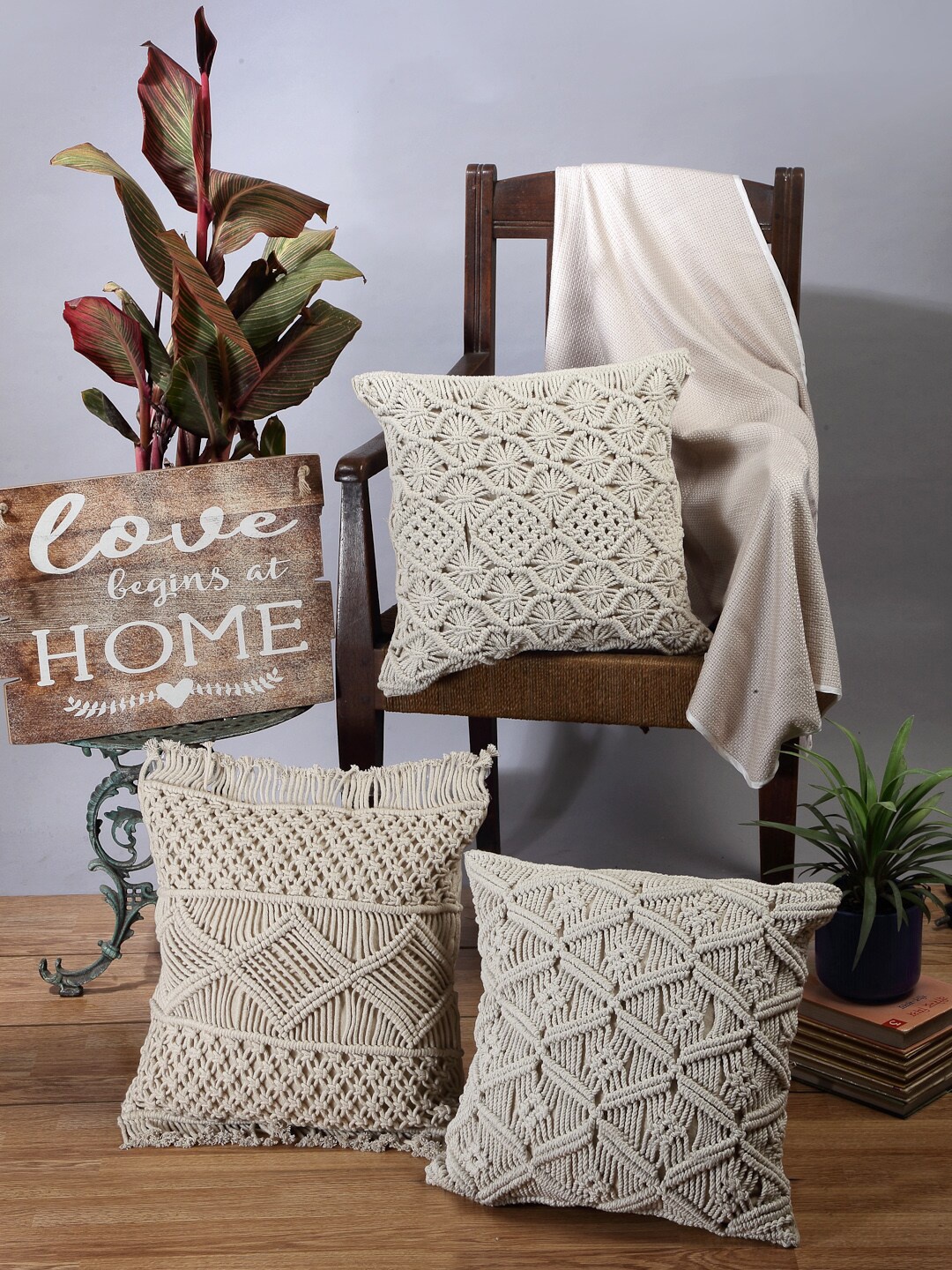 

ANWYN Beige 3-Pieces Pure Cotton Macrame Square Cushion Covers