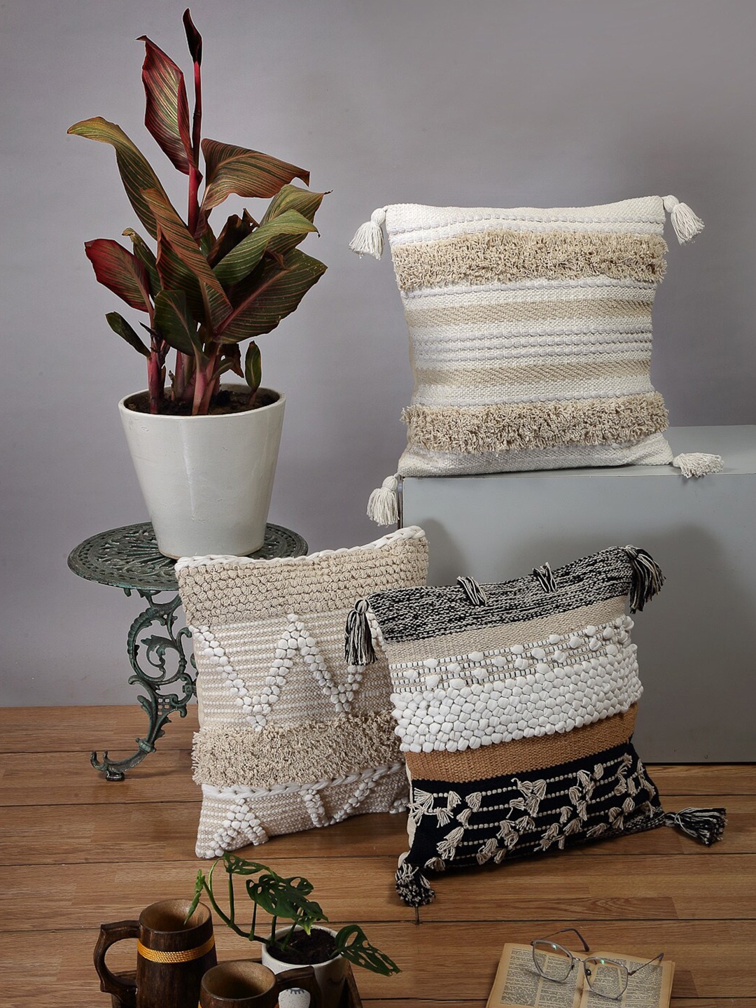 

ANWYN Off White 3-Pieces Pure Cotton Square Cushion Covers