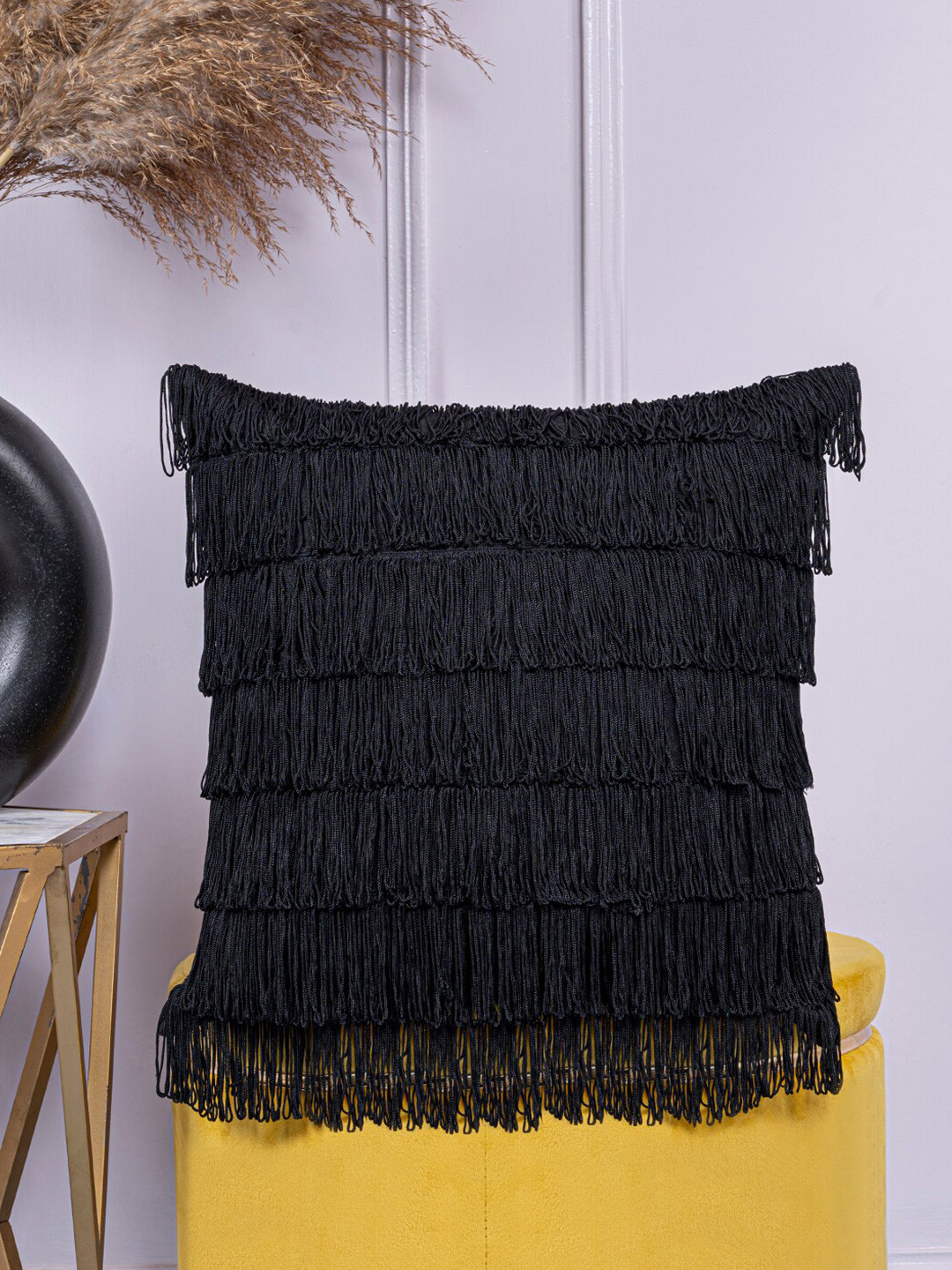 

ANWYN Black Lace Detailed Pure Cotton Square Cushion Cover