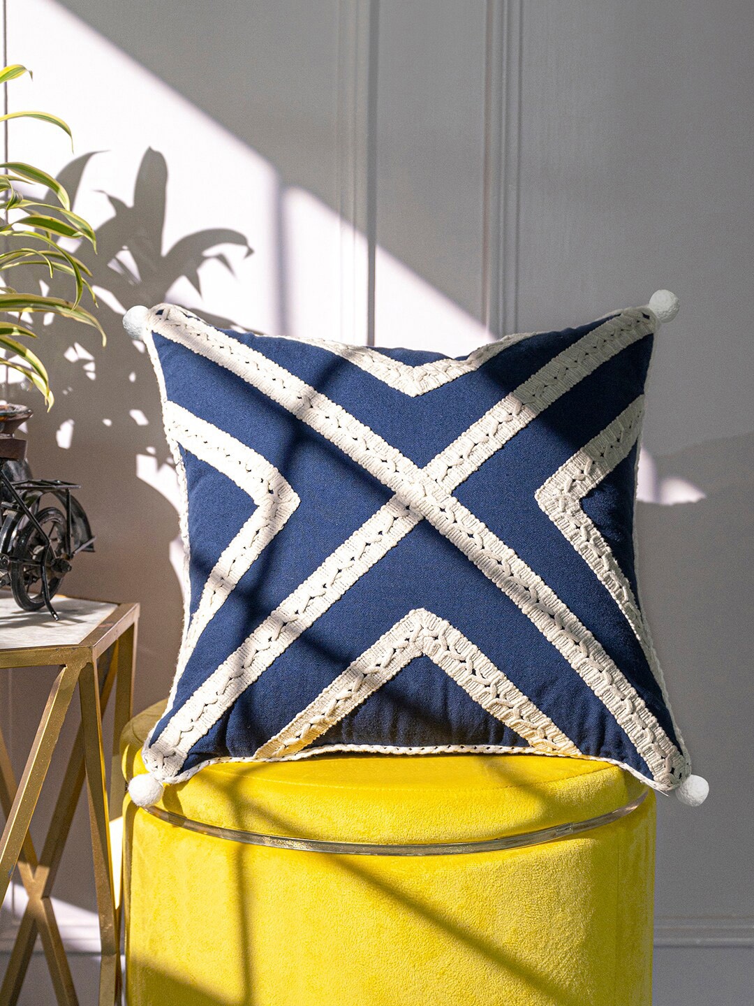 

ANWYN Blue & White Embroidered Pure Cotton Square Cushion Cover