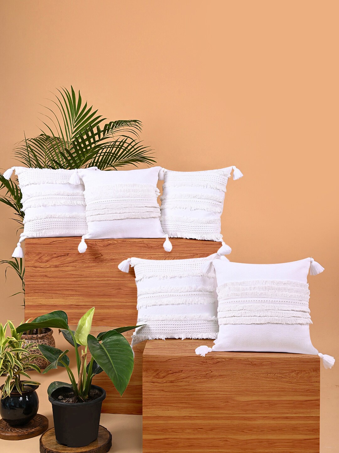 

ANWYN White 5 Pieces Self Design Square Cotton Cushion Covers