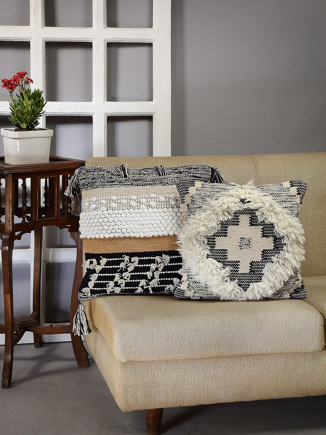 

ANWYN Off White & Black 2-Pieces Pure Cotton Square Cushion Covers