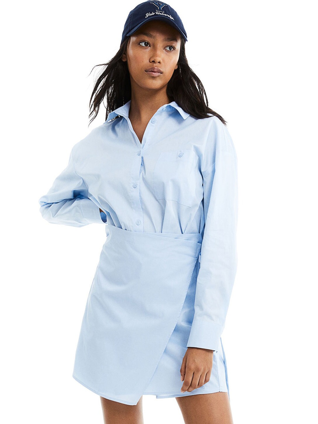 

H&M Pure Cotton Wrap-Skirt Shirt Dress, Blue