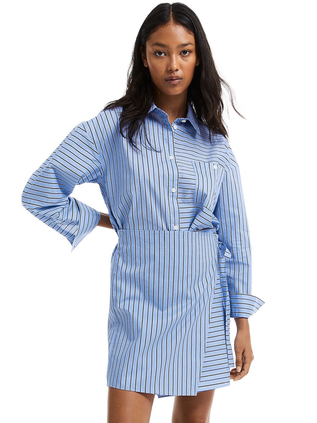 

H&M Pure Cotton Wrap-Skirt Shirt Dress, Blue