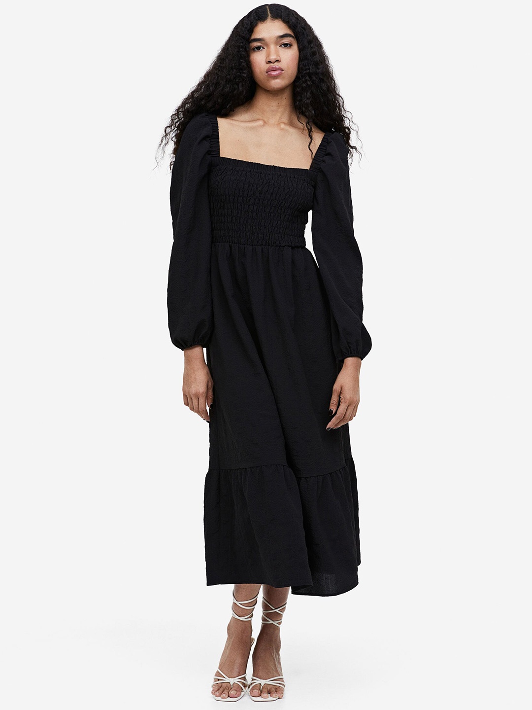 

H&M Crpe Smocked Dress, Black