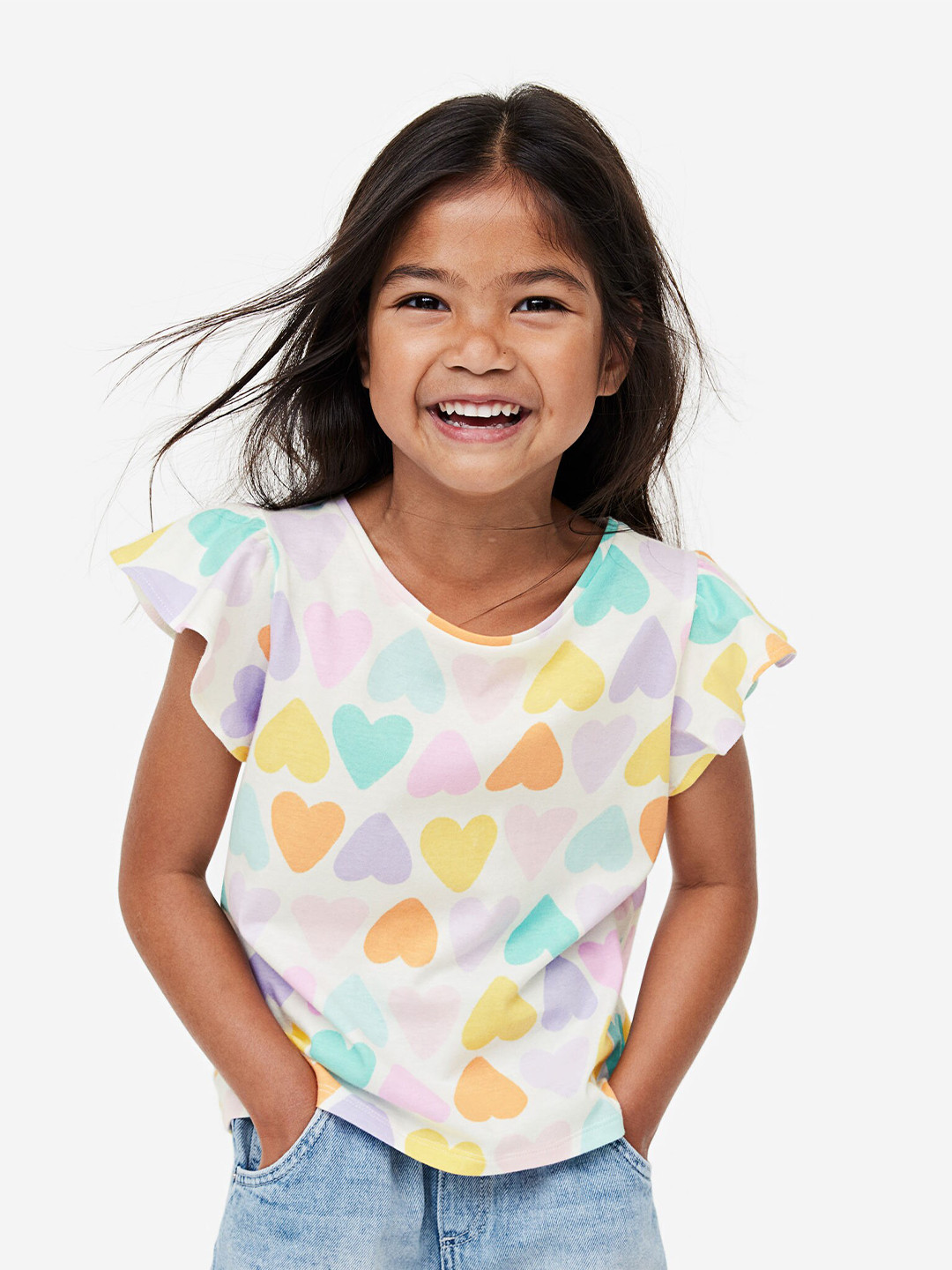 

H&M Girls Pure Cotton Flutter-Sleeved Printed Top, White