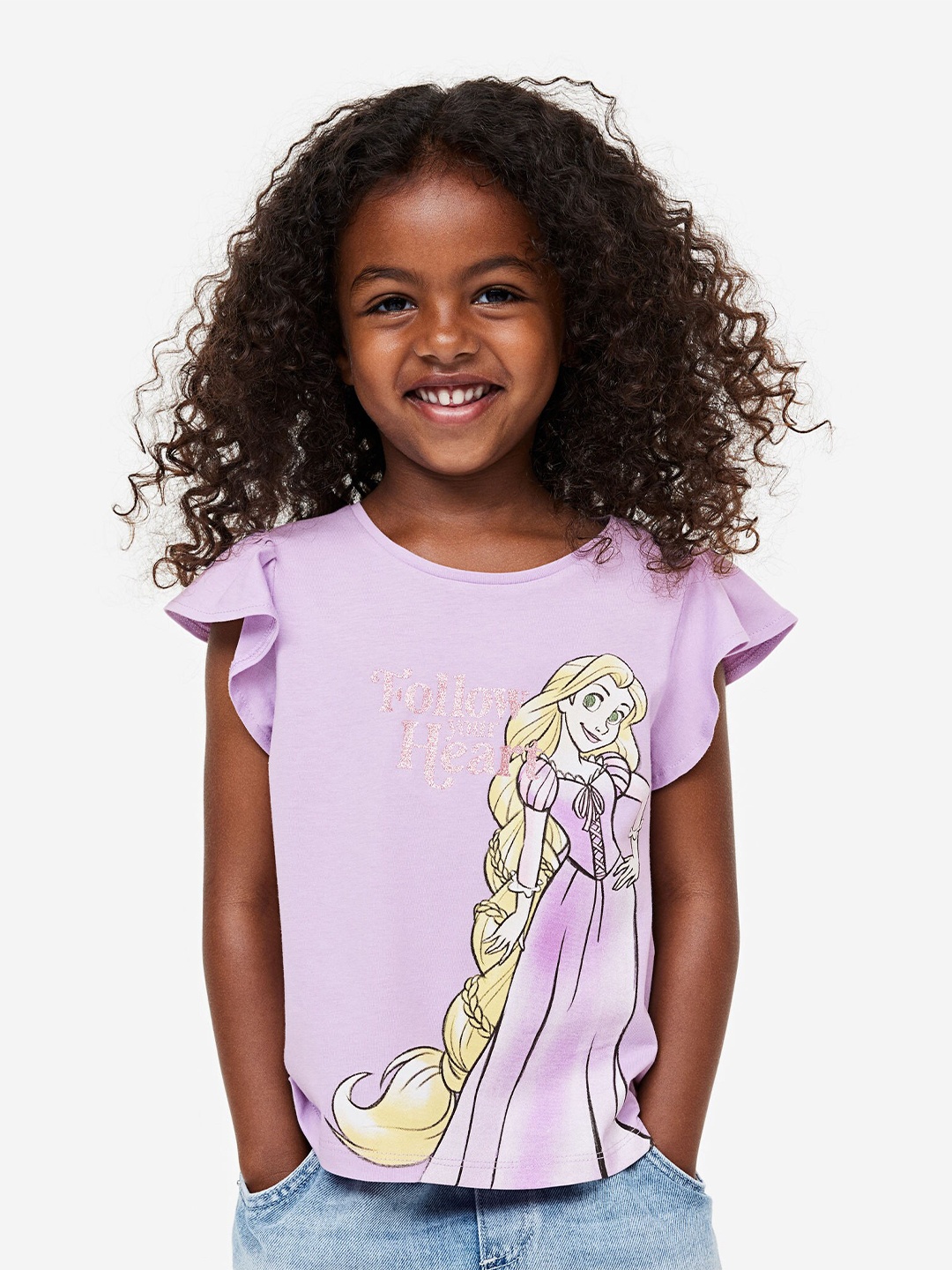 

H&M Girls Flutter-Sleeved Printed Top, Purple