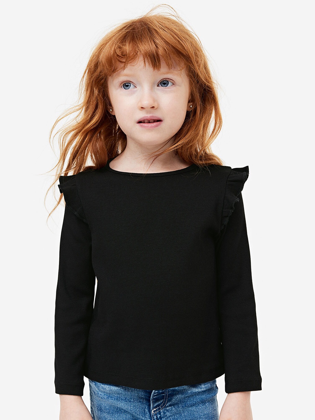 

H&M Girls Flounce-Trimmed Ribbed Top, Black