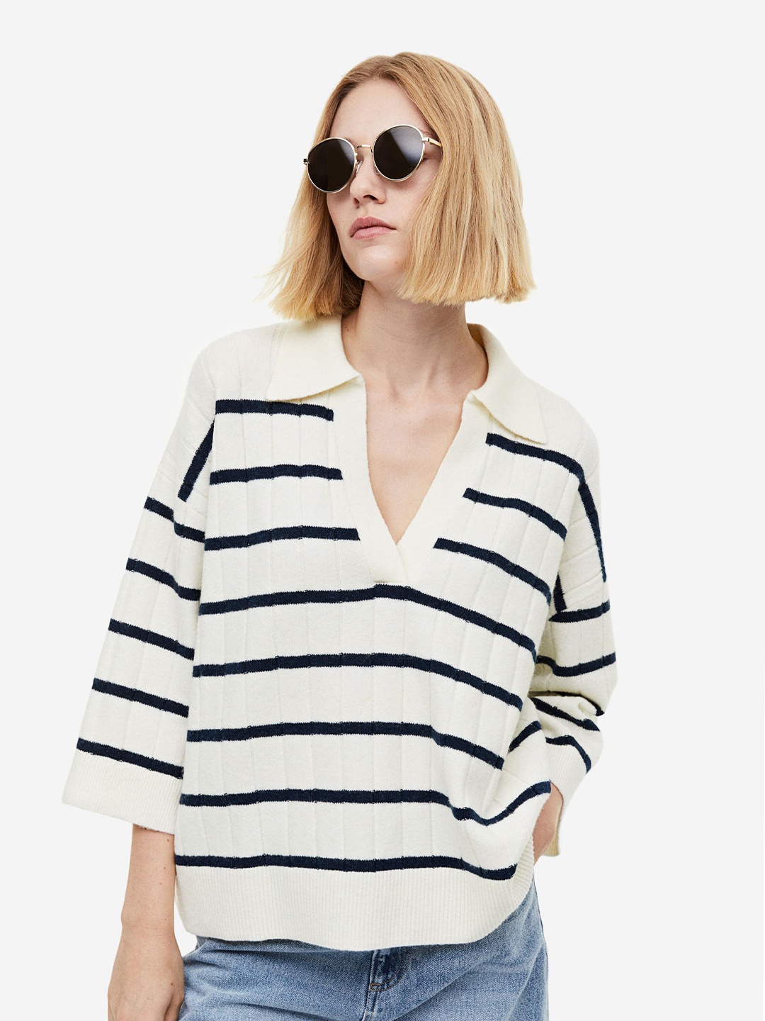 

H&M Collared Rib-Knit Jumper, White