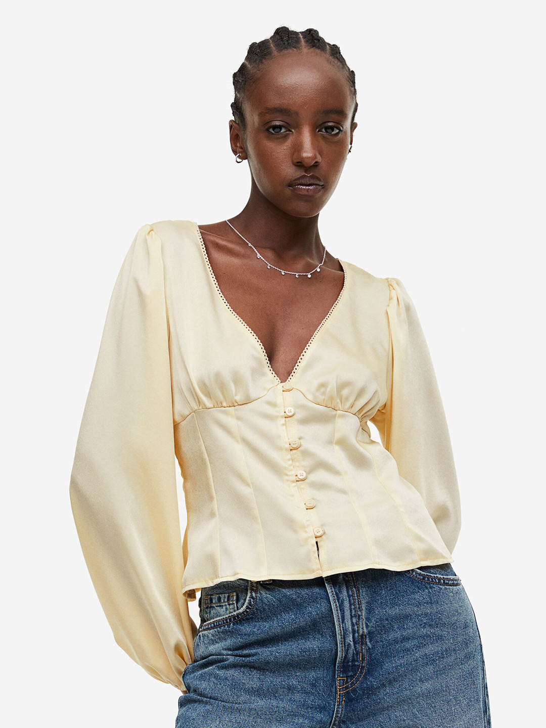 

H&M Balloon-Sleeved Satin Blouse, Yellow