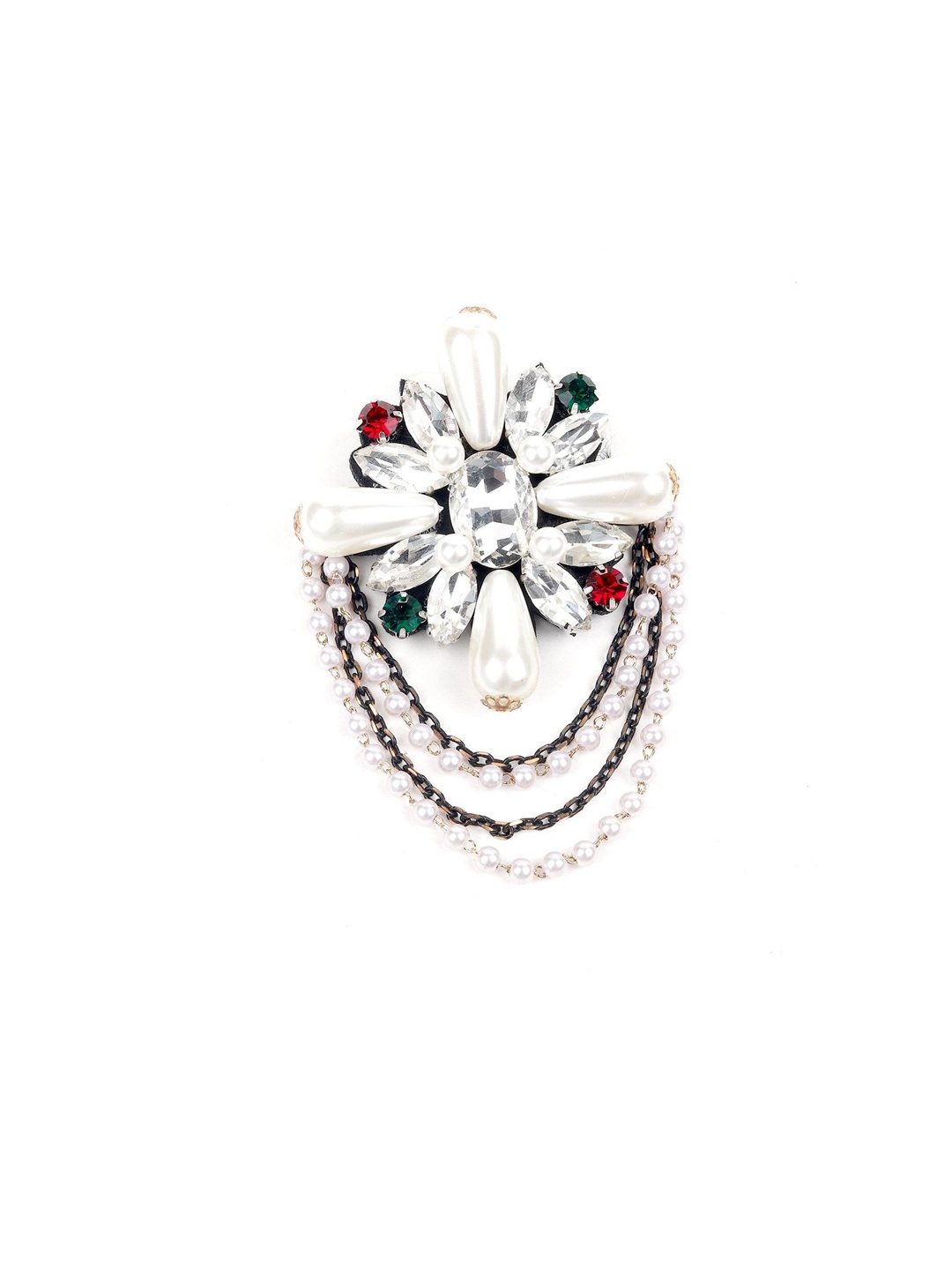 

ODETTE Floral-Charm Stone Studded & Beaded Brooch, White