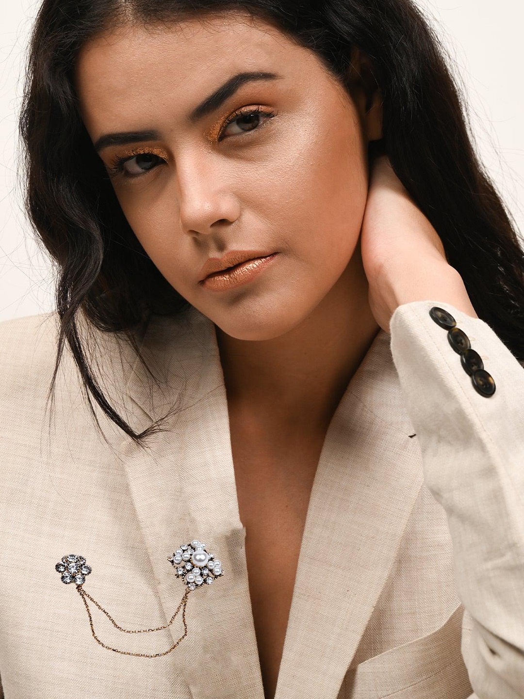 

ODETTE Beaded With Crystal Embellished Floral Brooch, White