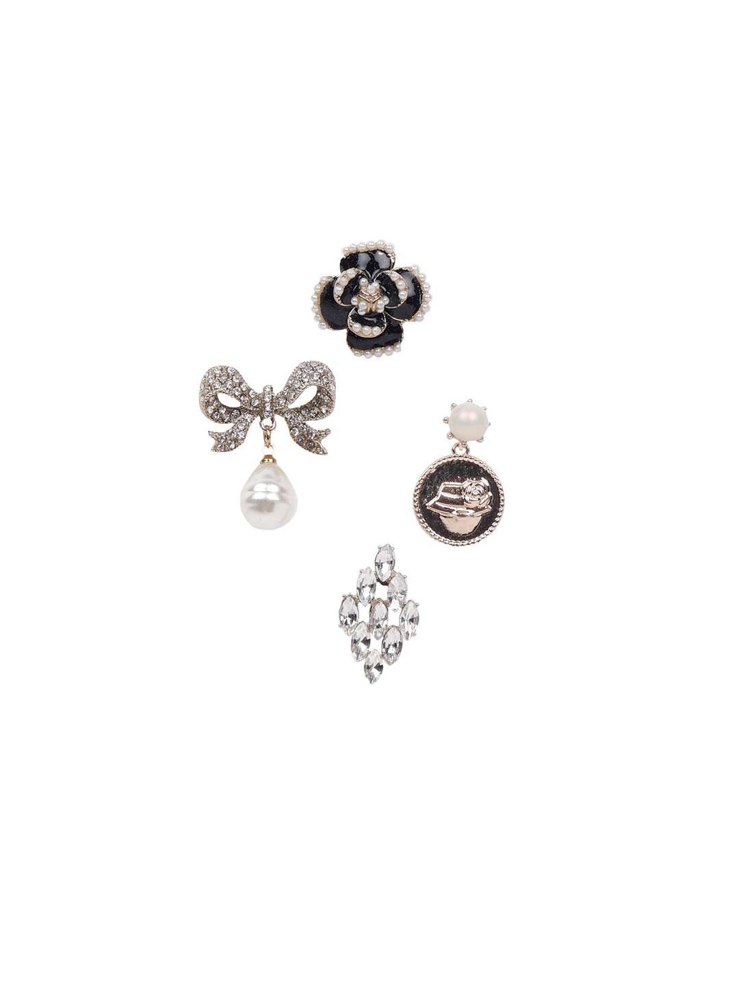 

ODETTE Women Set Of 4 Floral & Stones Charm Brooch, Gold