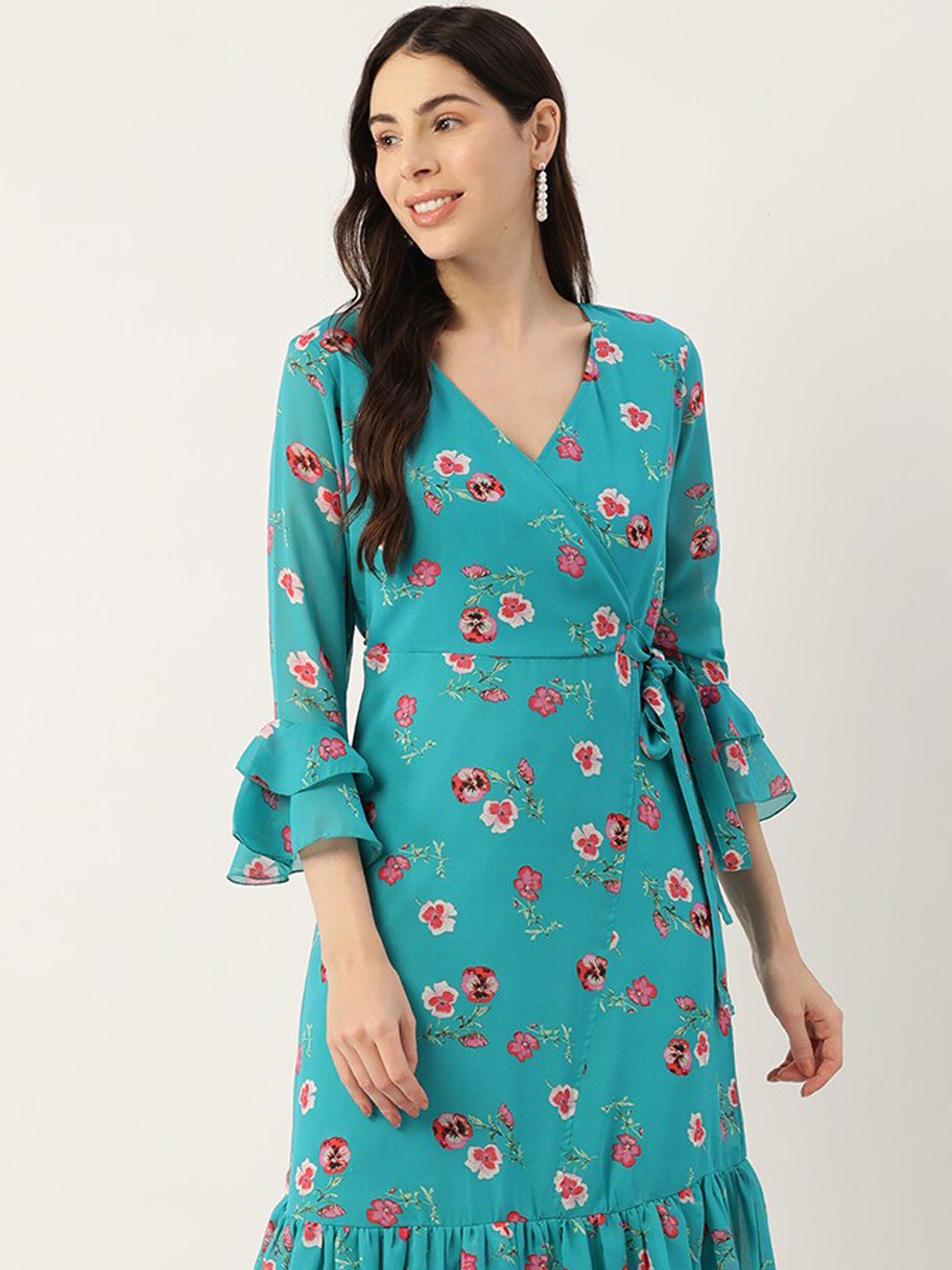 

DressBerry Turquoise Blue Floral Printed V-Neck Bell Sleeves Georgette Wrap Dress