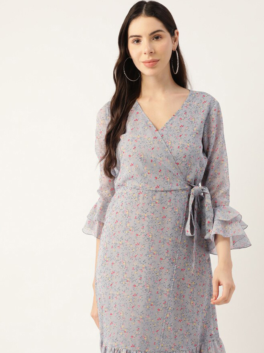 

DressBerry Grey Floral Printed Georgette Warp Midi Dress