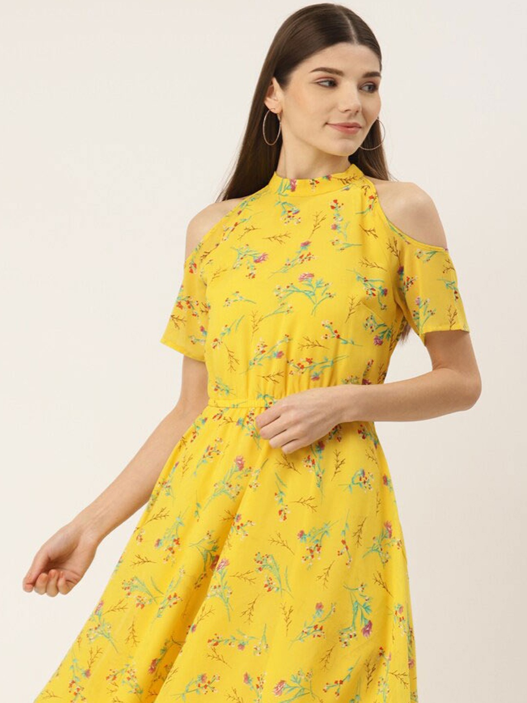 

DressBerry Yellow Floral Printed Cold-Shoulder Fit & Flare Midi Dress