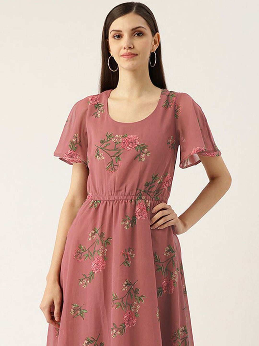 

DressBerry Pink Floral Print Flared Sleeves Maxi Dress