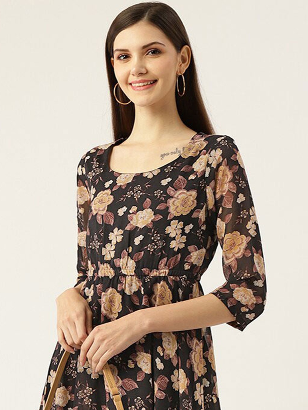 DressBerry Black Floral Printed Georgette Fit & Flare Midi Dress