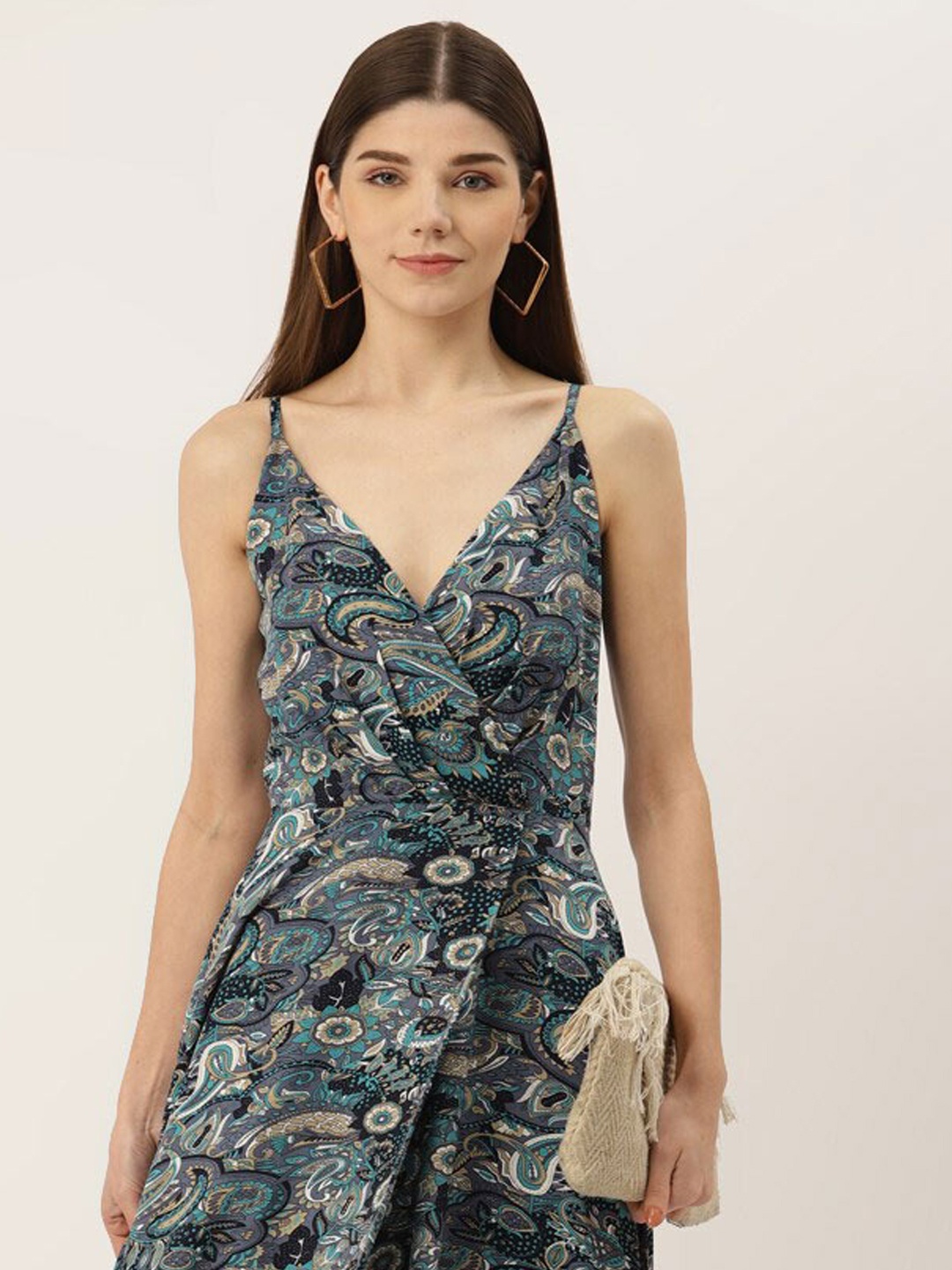 

DressBerry Blue Floral Printed V-Neck A-Line Dress