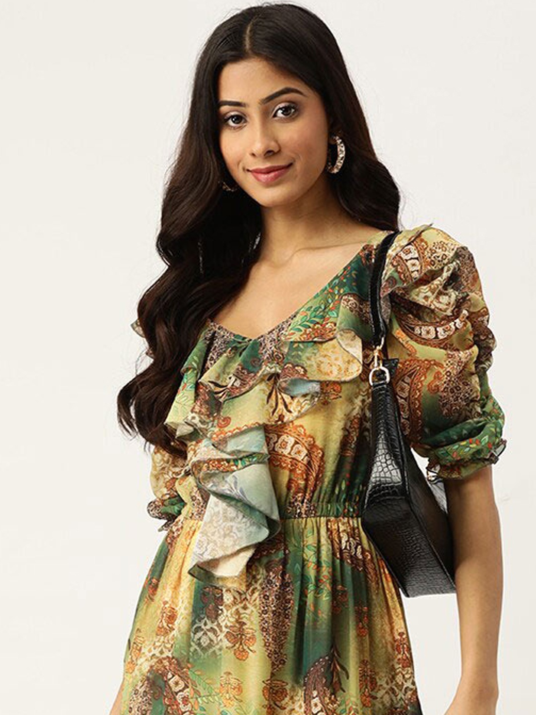 

DressBerry Green Floral Print Ruffled Detailed Georgette Fit & Flare Midi Dress