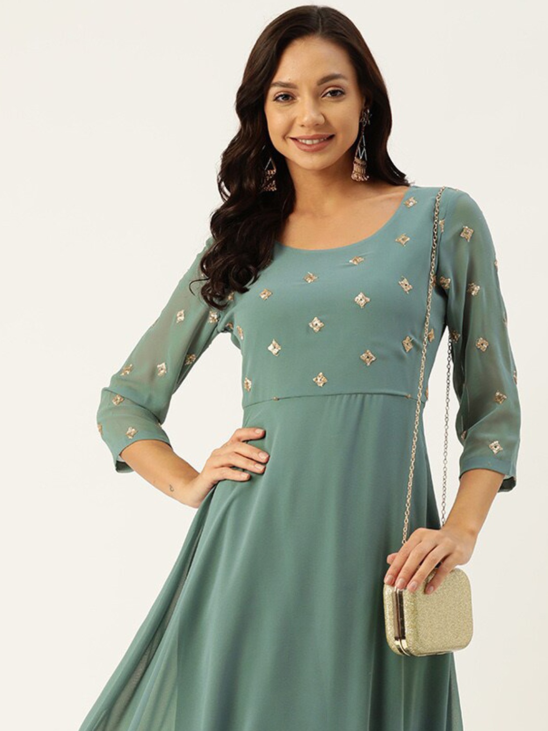 

DressBerry Green Embroidered Detailed Round Neck A-Line Dress