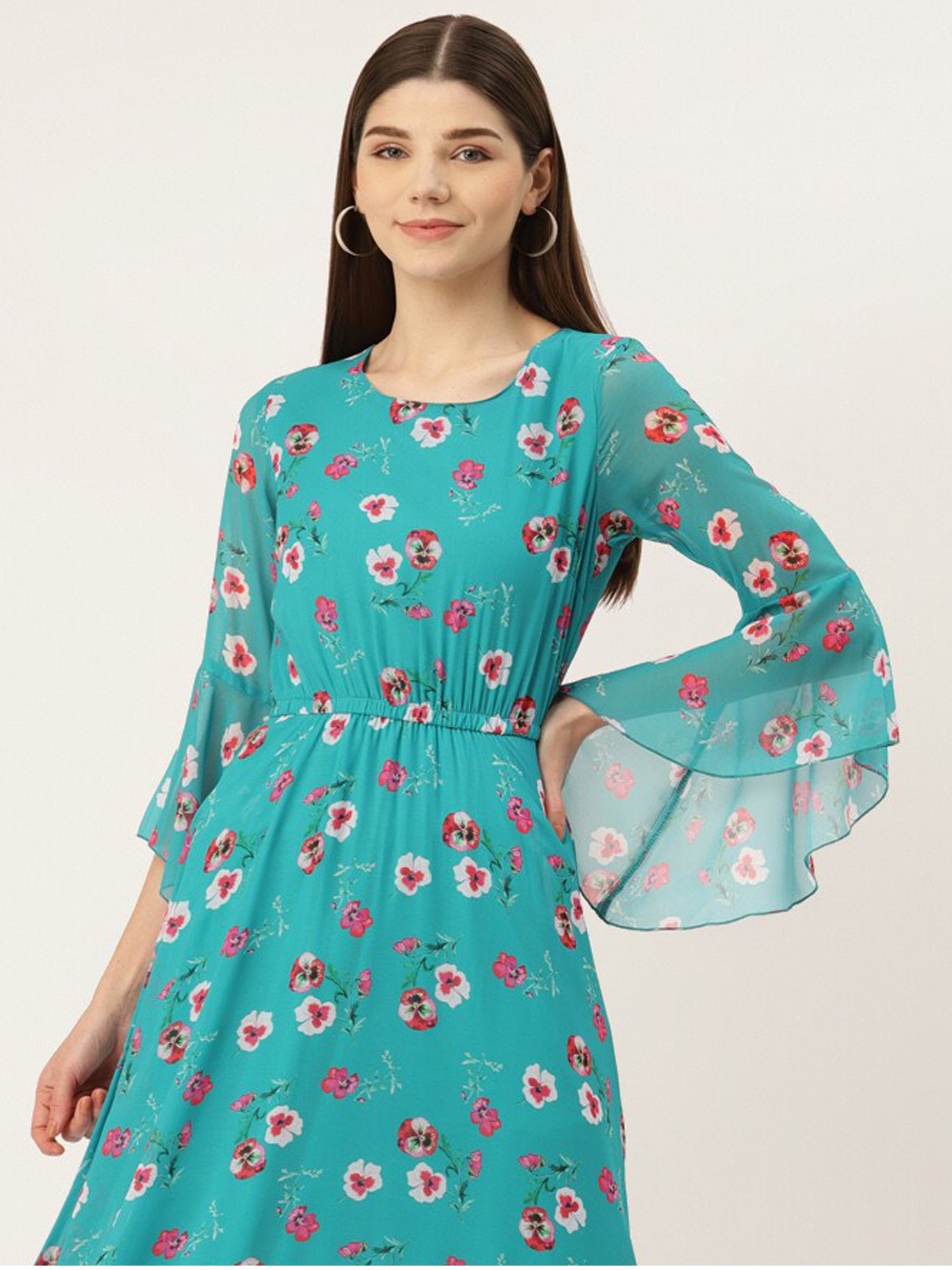 

DressBerry Turquoise Blue Floral Printed Puff Sleeve Maxi Dress