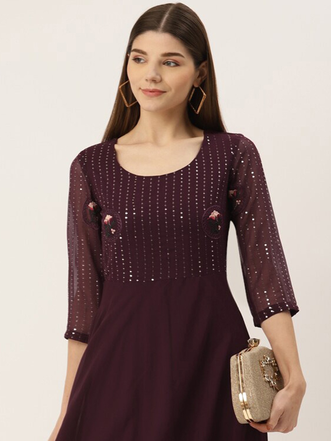 

DressBerry Brown Embellished Sequinned Detailed Round Neck A-Line Dress