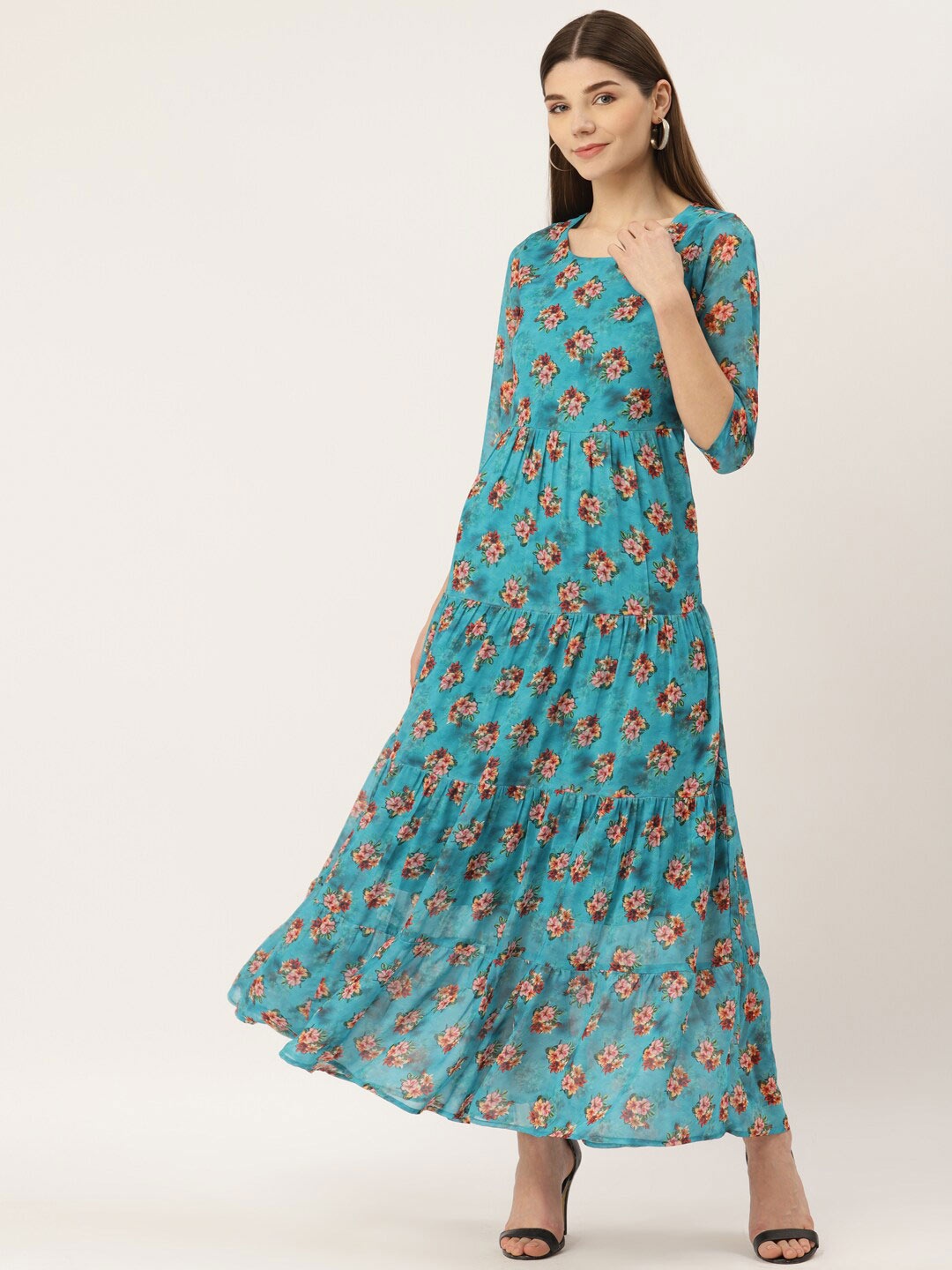 

DressBerry Turquoise Blue Floral Printed Round Neck Fit & Flare Maxi Dress