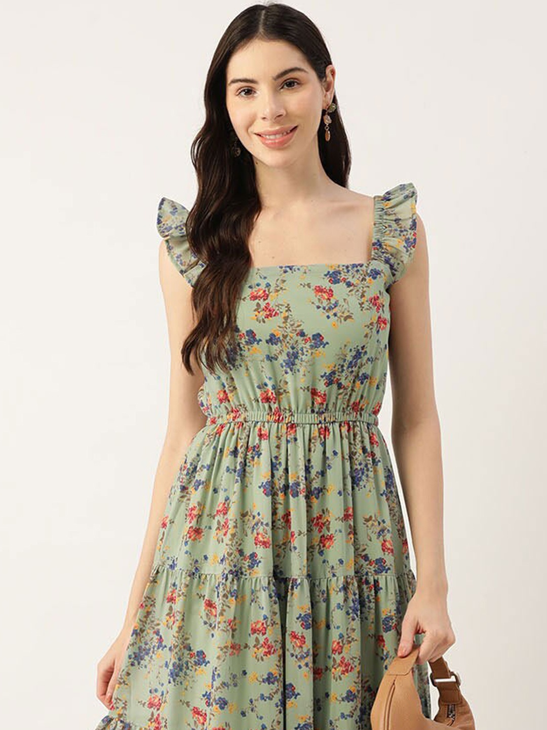 

DressBerry Green Floral Printed Square Neck Fit & Flare maxi dress