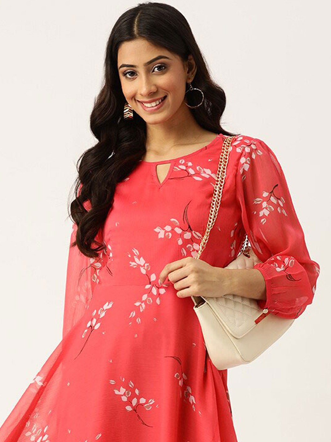 

DressBerry Magenta Floral Printed Keyhole Neck Puff Sleeves Fit & Flare Midi Dress