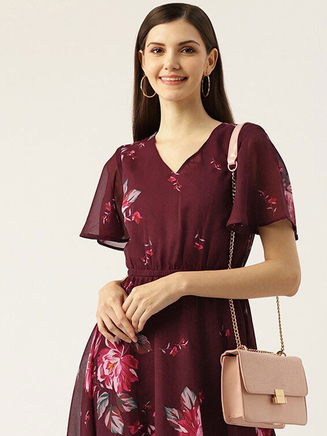 

DressBerry Maroon Floral Printed V-Neck Flared Sleeve Georgette Fit & Flare Midi Dress