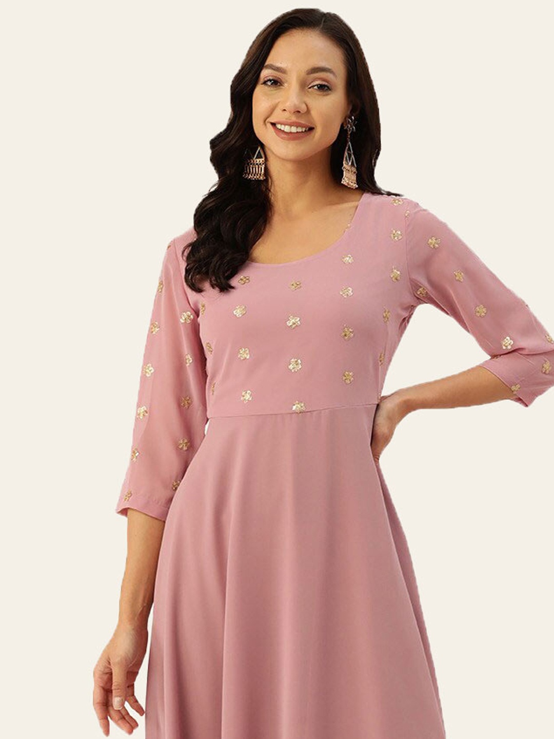 

DressBerry Pink & Gold Sequined Embellished Fit & Flare Maxi Ethnic Dress