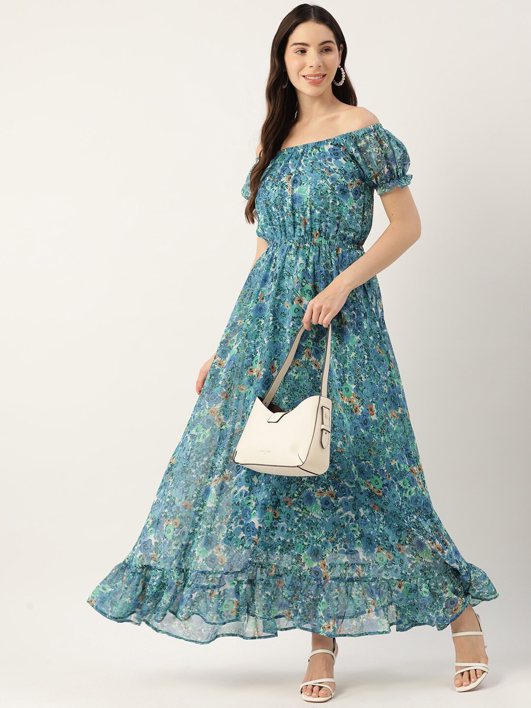 

DressBerry Blue Floral Printed Off-Shoulder Puff Sleeve Fit & Flare Dress