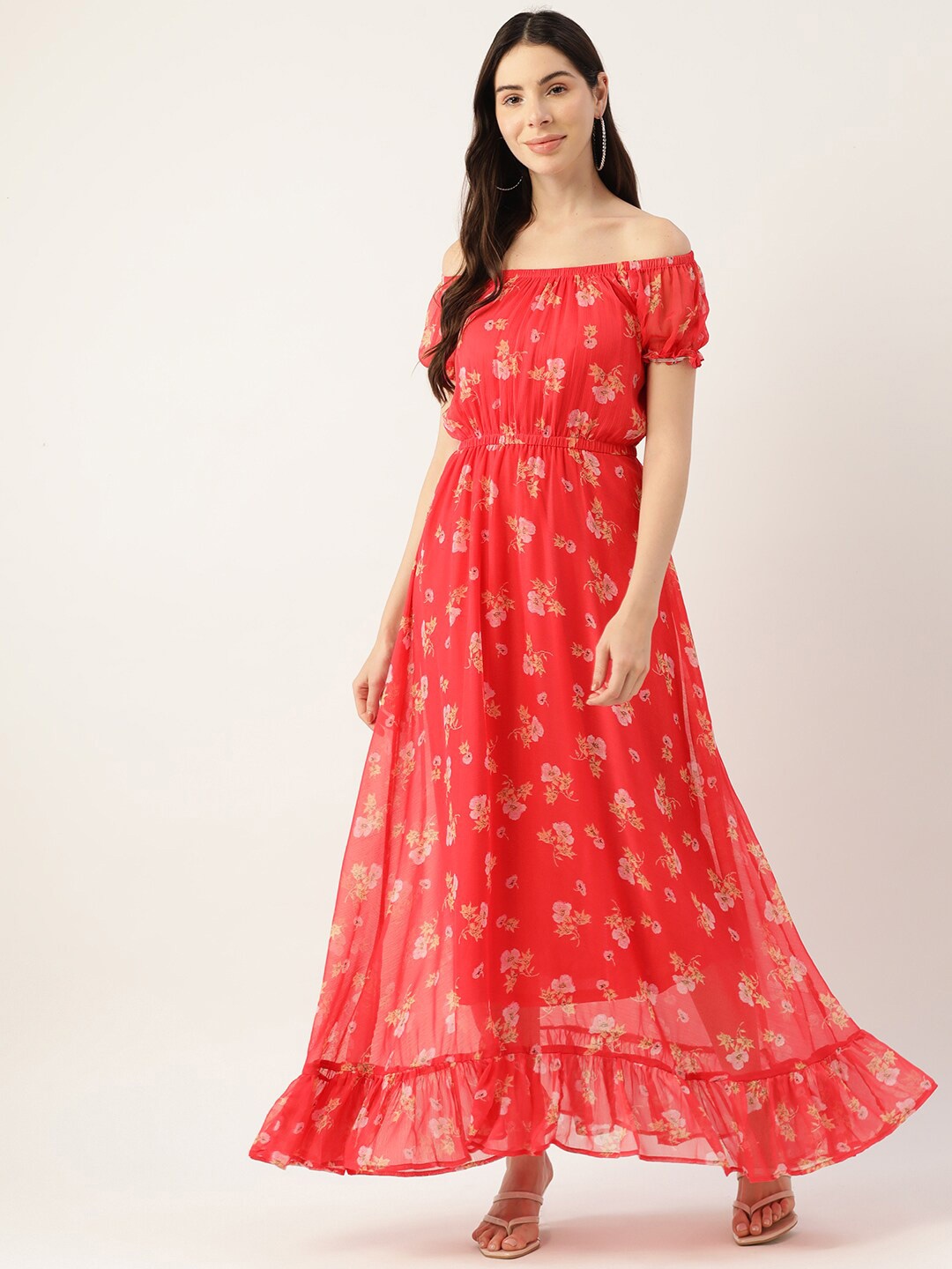 

DressBerry Pink Floral Printed Off-Shoulder Maxi Dress, Orange