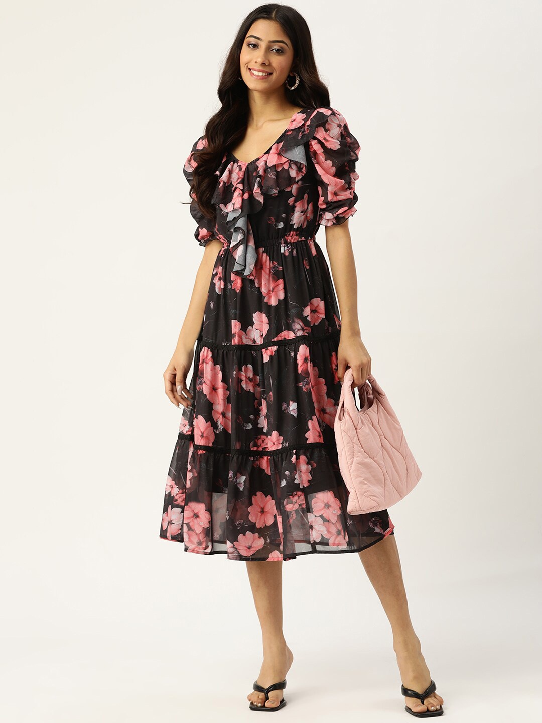 

DressBerry Black Floral Printed Puff Sleeves Fit & Flare Midi Dress