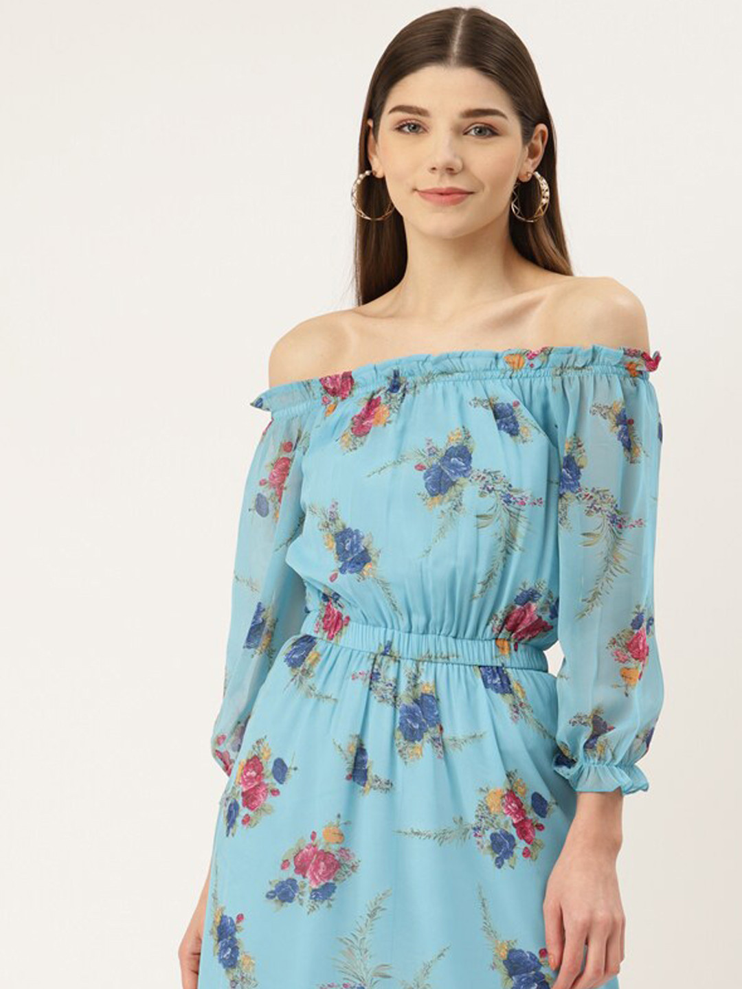 

DressBerry Blue Floral Printed Off-Shoulder Puff Sleeve Georgette Fit & Flare Midi Dress